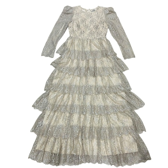 Antonio Melani Born on Fifth Silver Metallic Lace Long Sleeve Tiered Dress NEW - Picture 9 of 14